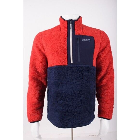 Vineyard Vines Mens Sherpa Super Shep Jacket Pullover 1/4 Zip Red Navy Blue M - Picture 1 of 6